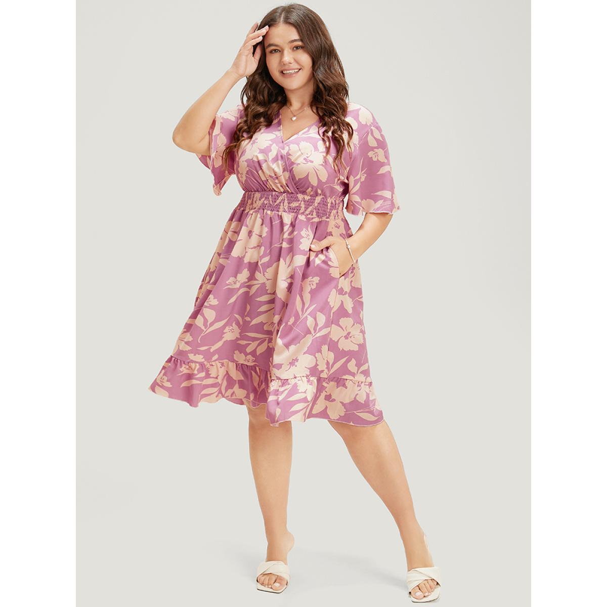 Plus Size Floral Surplice Neck Flutter Pocket Shirred Knee Dress Lilac Women Elegant Pocket V-neck Short sleeve Curvy Knee Dress BloomChic 10/M Product Image