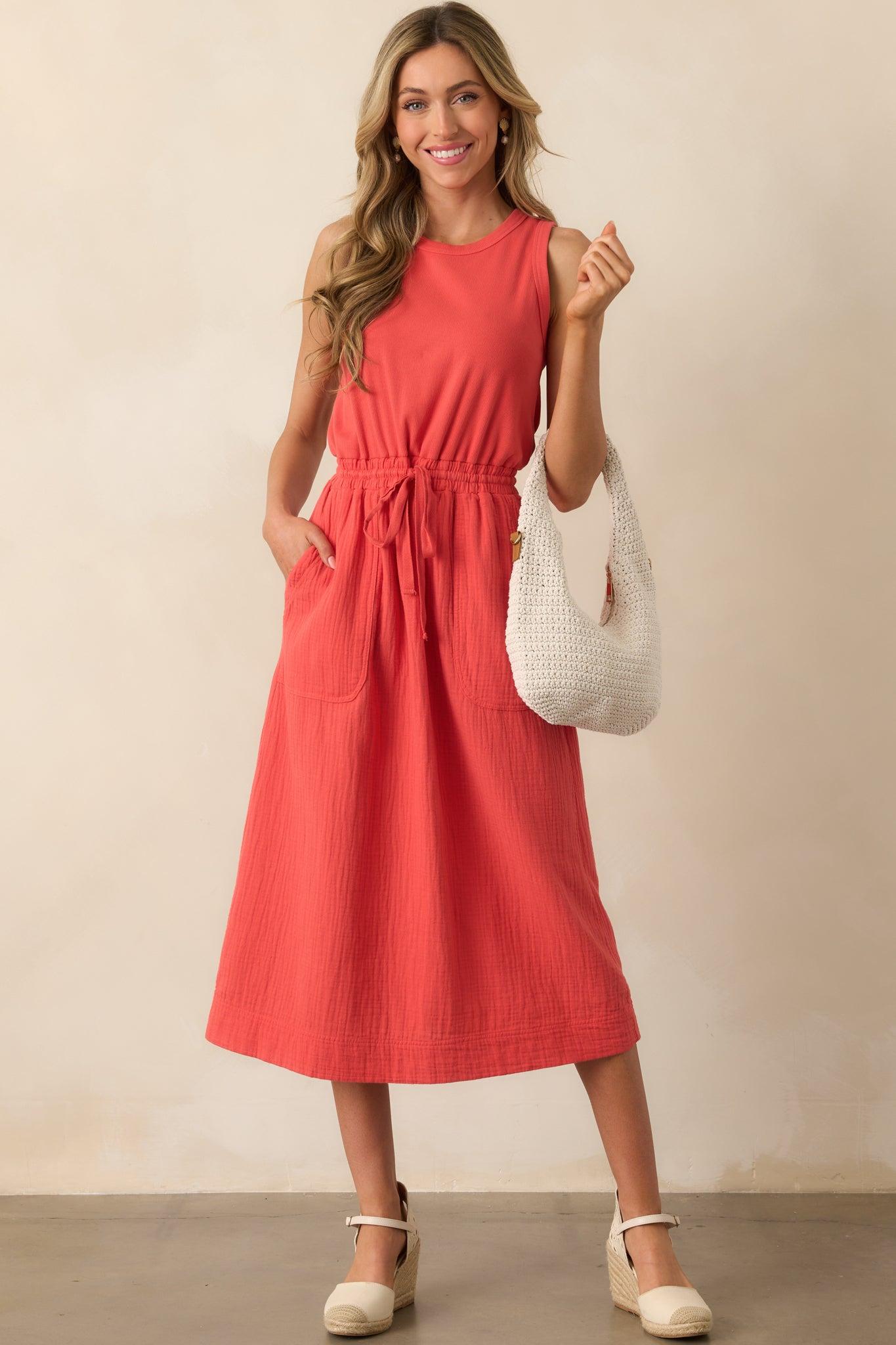 Moving Slowly Tomato Red Cotton Gauze Sleeveless Midi Dress Product Image