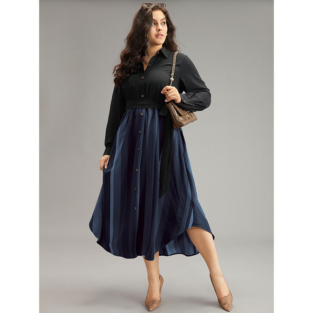 Plus Size Colour Striped Patchwork Belted Button Through Dress Midnight Women Office Belted Shirt collar Long Sleeve Curvy Midi Dress BloomChic 22-24/3X Product Image