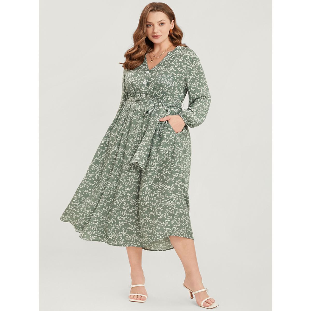 Plus Size Ditsy Floral Lantern Sleeve Pocket Button Through Belted Midi Dress Sage Women Elegant Button V-neck Long Sleeve Curvy Midi Dress BloomChic 12/L Product Image