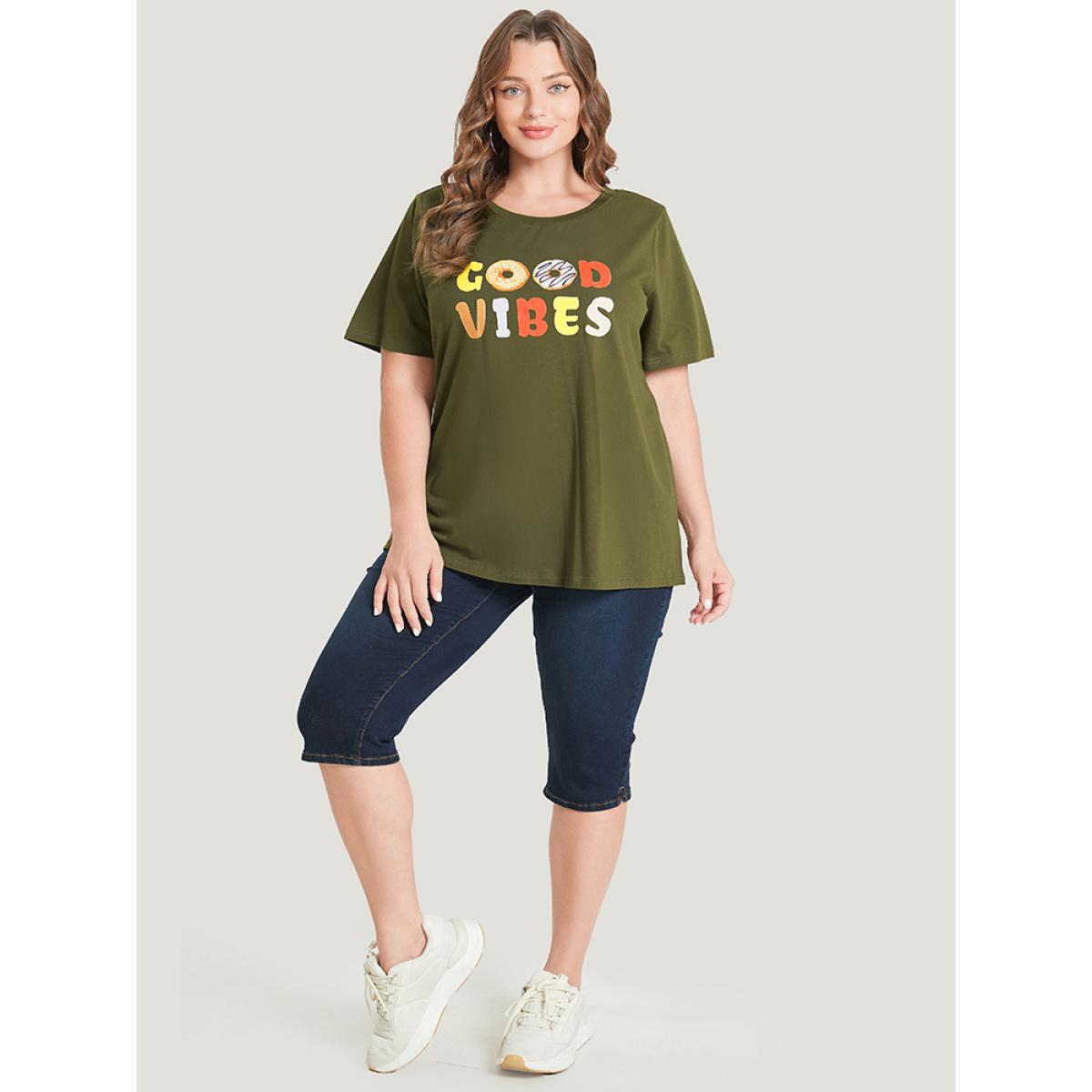 Plus Size Donut & Letter Print Round Neck Graphic Tee ArmyGreen Women Casual Art&design Dailywear T-shirts BloomChic 26/4X Product Image