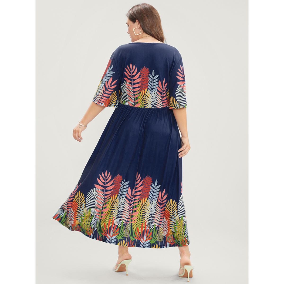 Plus Size Plant Print Surplice Neck Pocket Ruffles Midi Dress Indigo Women Vacation Elastic Waist V-neck Half Sleeve Curvy Long Dress BloomChic 18-20/2X Product Image