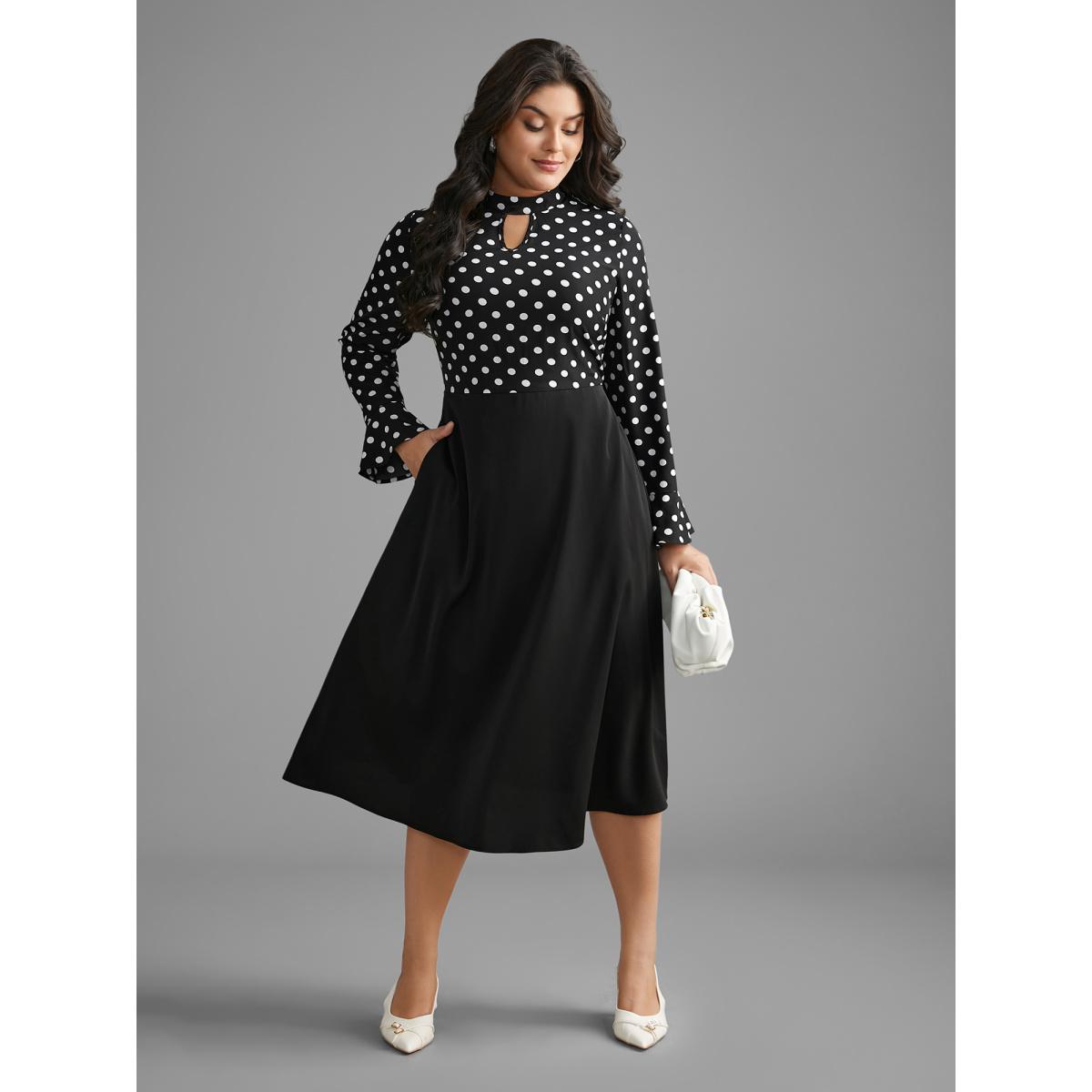 Plus Size Polka Dot Patchwork Keyhole Dress Black Women At the Office Patchwork Mock Neck Long Sleeve Curvy BloomChic 22-24/3X Product Image