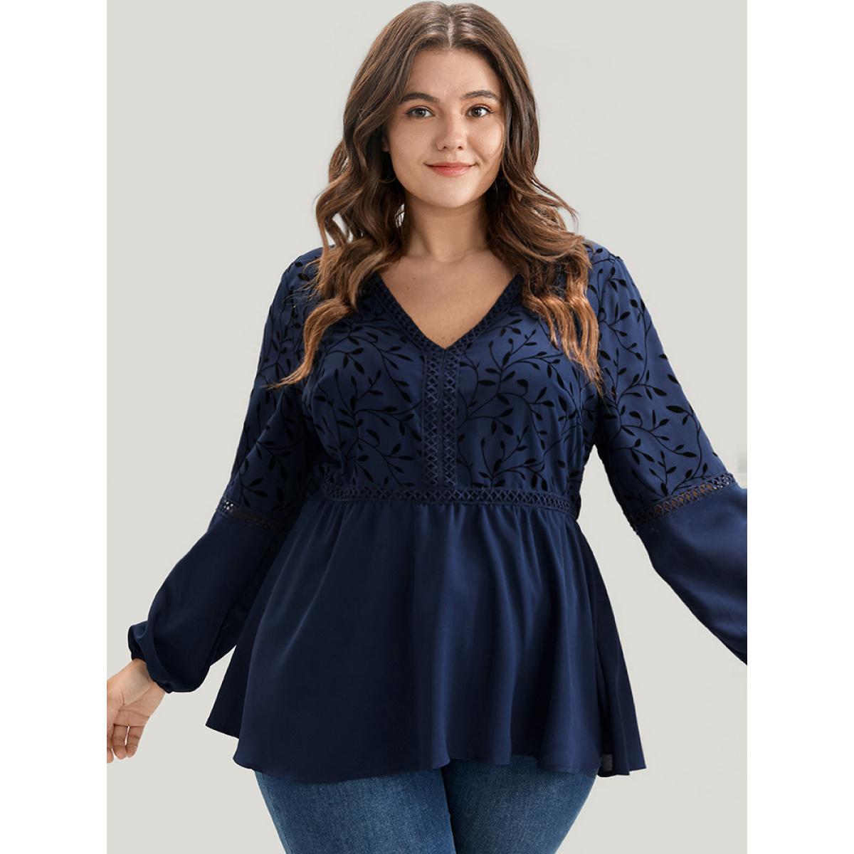 Plus Size DarkBlue Plants Lantern Sleeve Lace Insert Blouse Women Glamour Long Sleeve V-neck Going out Blouses BloomChic 10/M Product Image