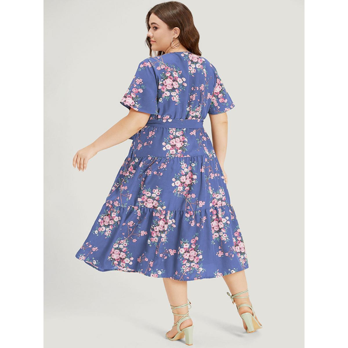 Plus Size Floral Print Wrap Belted Pocket Ruffle Hem Dress Blue Women Elegant Lined V-neck Short sleeve Curvy Midi Dress BloomChic 28/5X Product Image