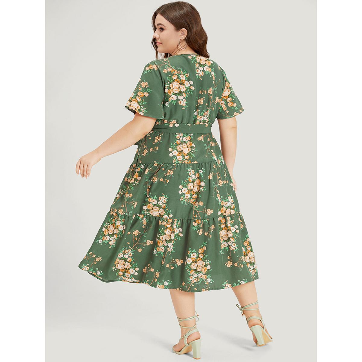 Plus Size Floral Print Wrap Belted Pocket Ruffle Hem Dress Green Women Elegant Lined V-neck Short sleeve Curvy Midi Dress BloomChic 18-20/2X Product Image