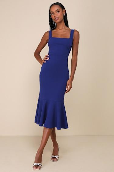 Moment Maker Cobalt Blue Square Neck Trumpet Midi Dress Product Image