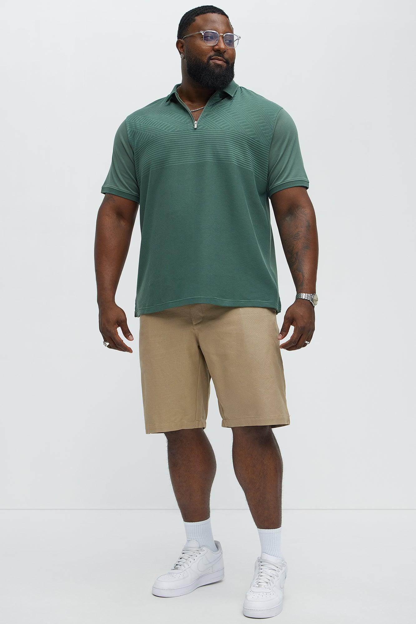Ribbed Zip Collar Short Sleeve Polo - Green Product Image