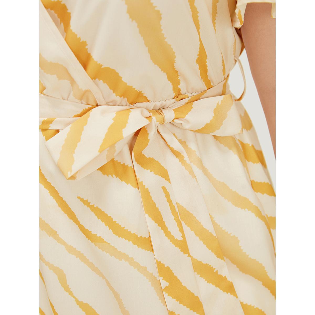 Plus Size Zebra Print Wrap Pocket Belt Ruffle Sleeve Split Dress Yellow Women Elegant Wrap V-neck Short sleeve Curvy Midi Dress BloomChic 18-20/2X Product Image