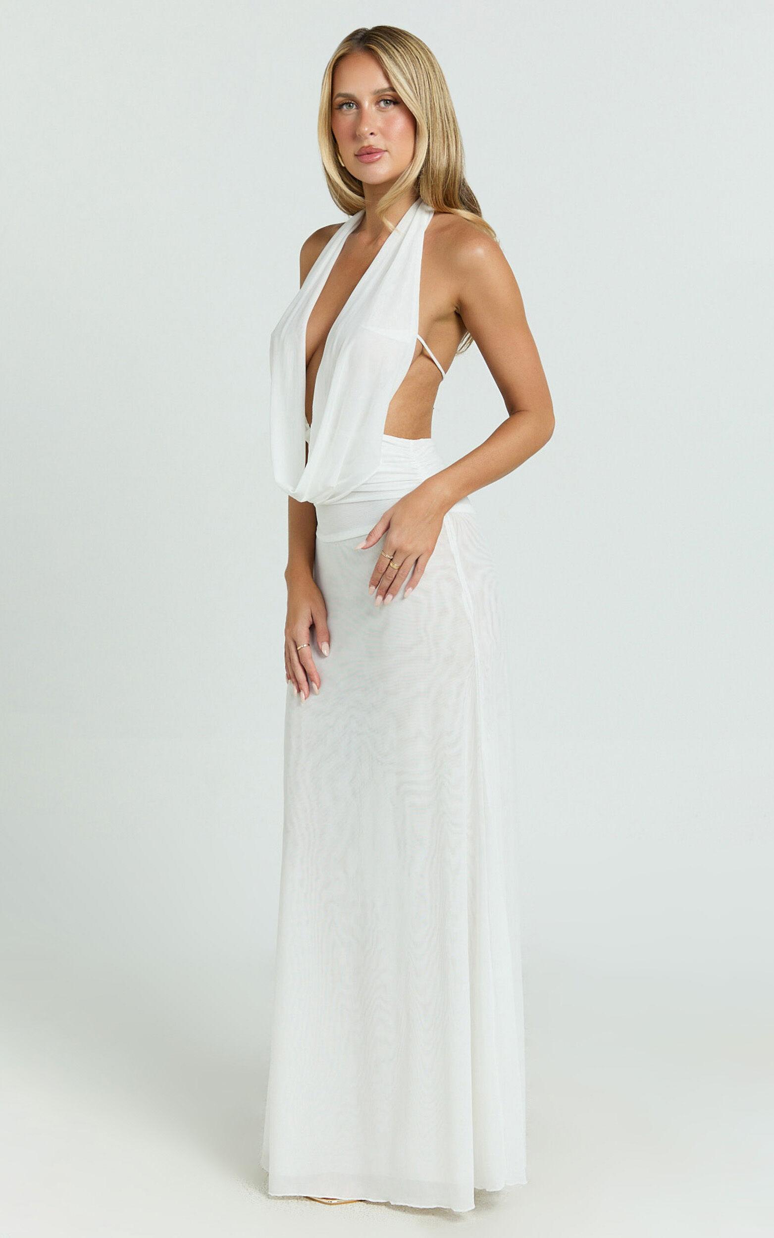 Bettina Maxi Dress - Low Cowl Neck Halter Bodycon Dress in Off White Product Image
