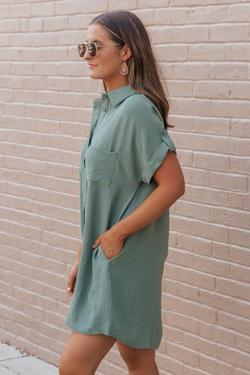 Green Button Up Shirt Dress Product Image