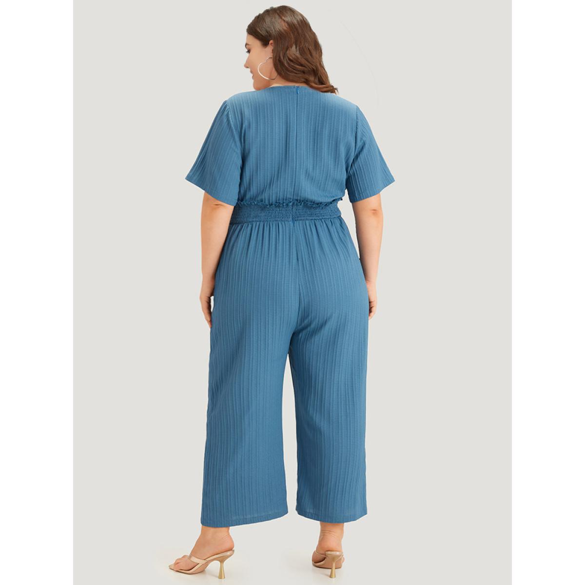 Plus Size Cerulean Textured Bowknot V Neck Shirred Pocket Jumpsuit Women Elegant Half Sleeve V-neck Dailywear Loose Jumpsuits BloomChic 30/6X Product Image