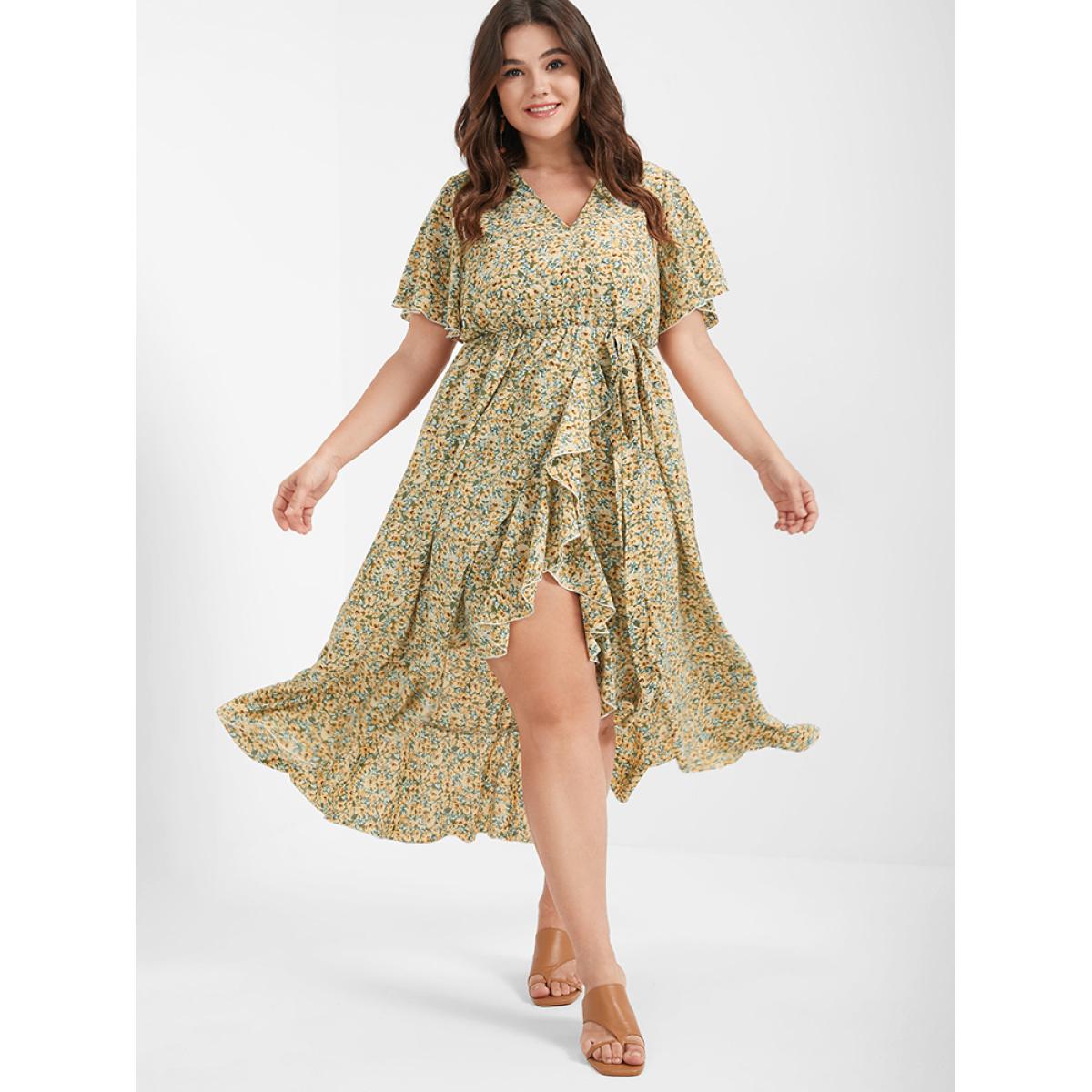 Plus Size Ditsy Floral Ruffles Ties Split V Neck Dress LightGreen Women Elegant Ruffles V-neck Short sleeve Curvy Midi Dress BloomChic 14/1X Product Image