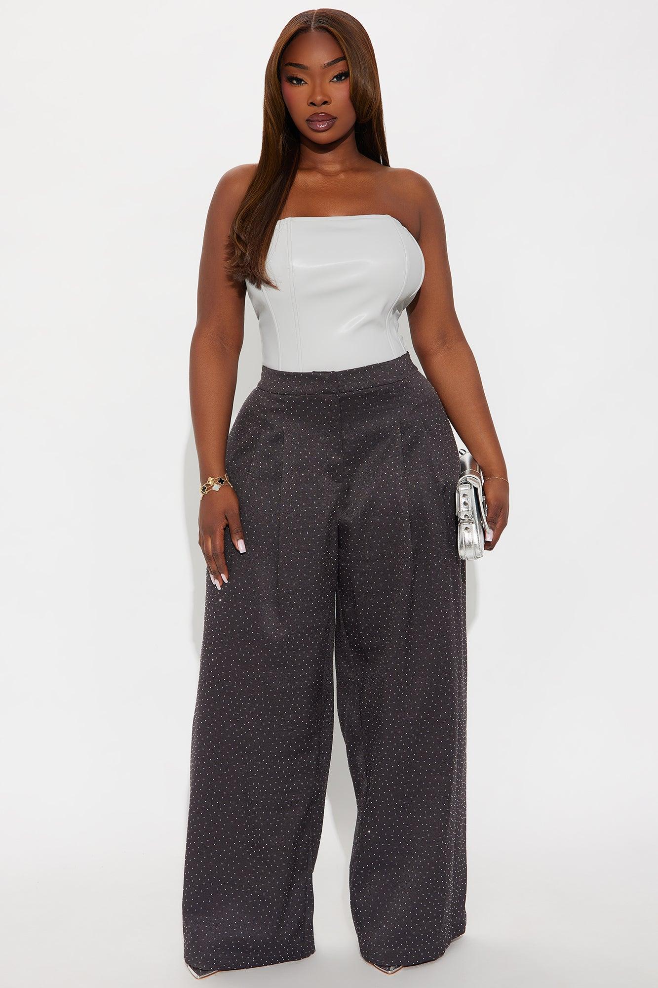 Eyes On Me Rhinestone Wide Leg Pant 32″ - Charcoal Female Product Image