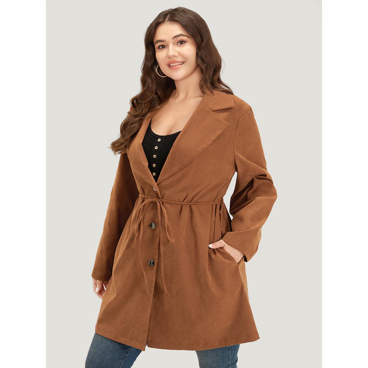 Plus Size Plain Corduroy Belted Bowknot Roll Tab Sleeve Coat Women Bronze Casual Plain Ladies Dailywear Winter Coats BloomChic 12/L Product Image