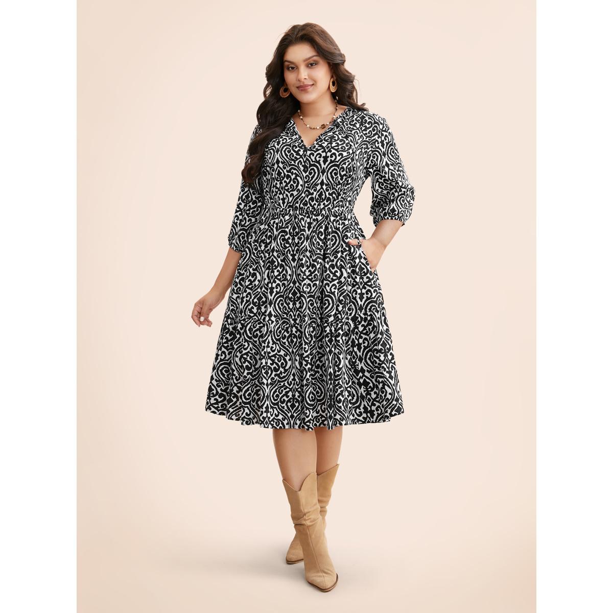 Plus Size Damask Print Tie Knot Puff Sleeve Dress BlackFlower Women Resort Tie knot V-neck Elbow-length sleeve Curvy BloomChic 30/6X Product Image