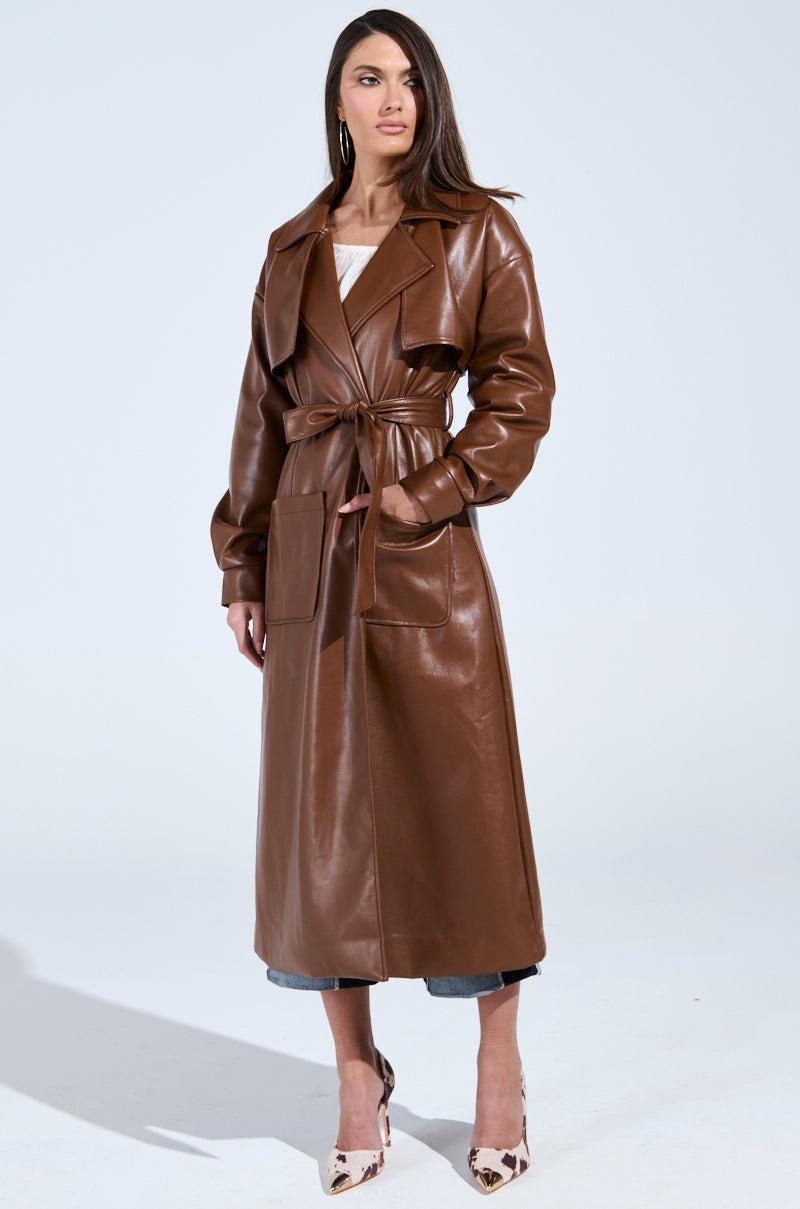 BUTTER LUXE FAUX LEATHER TRENCH IN BROWN Product Image