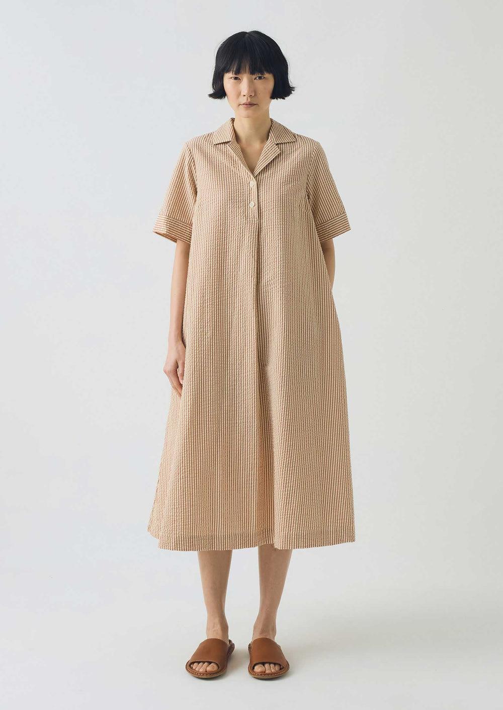 Seersucker Cotton Swing Dress | Terracotta/Ecru Product Image