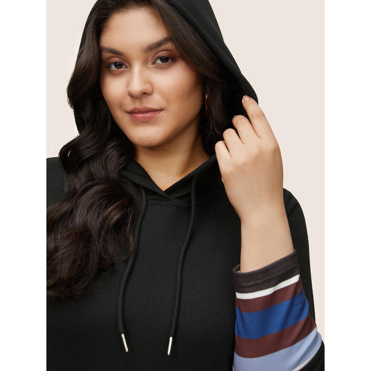 Plus Size Contrast Striped Flutter Hem Hooded Drawstring Dress Black Women Casual Gathered Hooded Long Sleeve Curvy Midi Dress BloomChic 14-16/1X Product Image