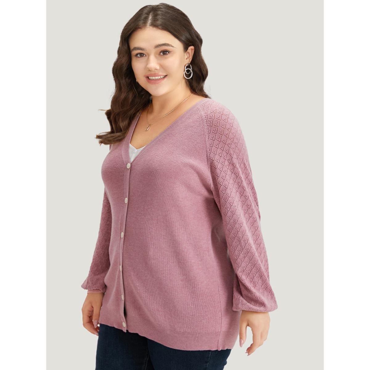 Plus Size Plain Raglan Sleeve Eyelet Button Fly Cardigan Rouge Women Casual Loose Long Sleeve Dailywear Cardigans BloomChic 14-16/1X Product Image