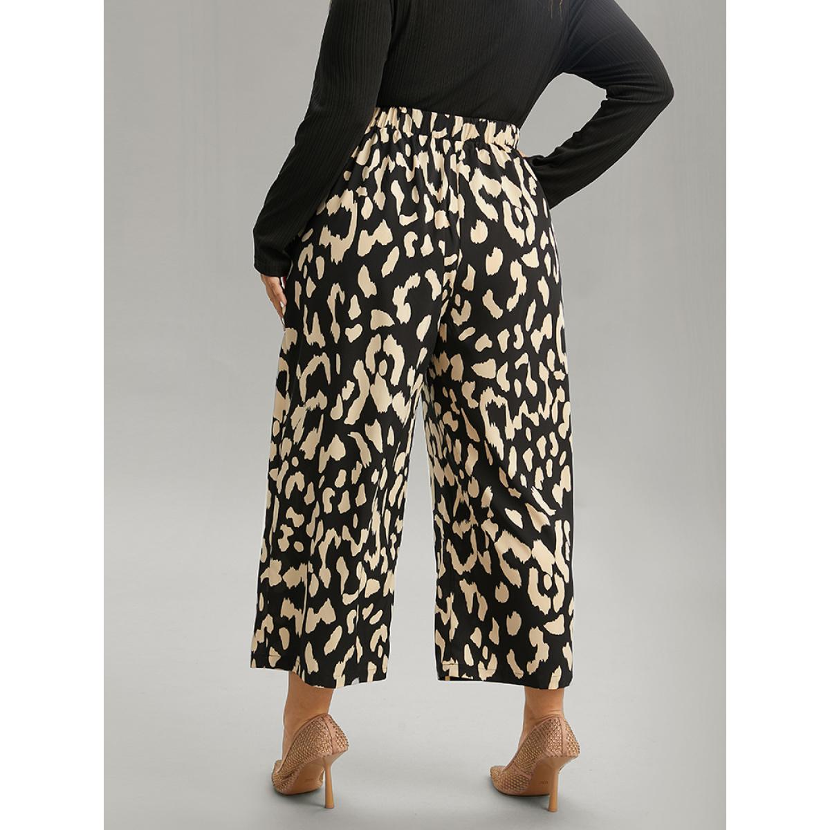 Plus Size Leopard Elastic Waist Ties Wide Leg Pants Women Black Casual Wide Leg High Rise Dailywear Pants BloomChic 28/5X Product Image