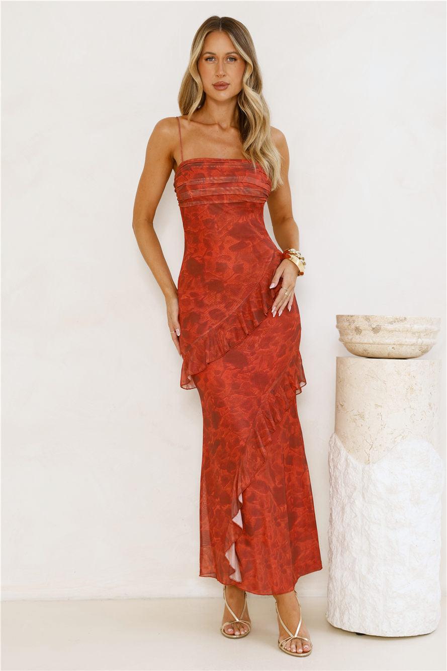 Gilded Muse Mesh Maxi Dress Red Product Image