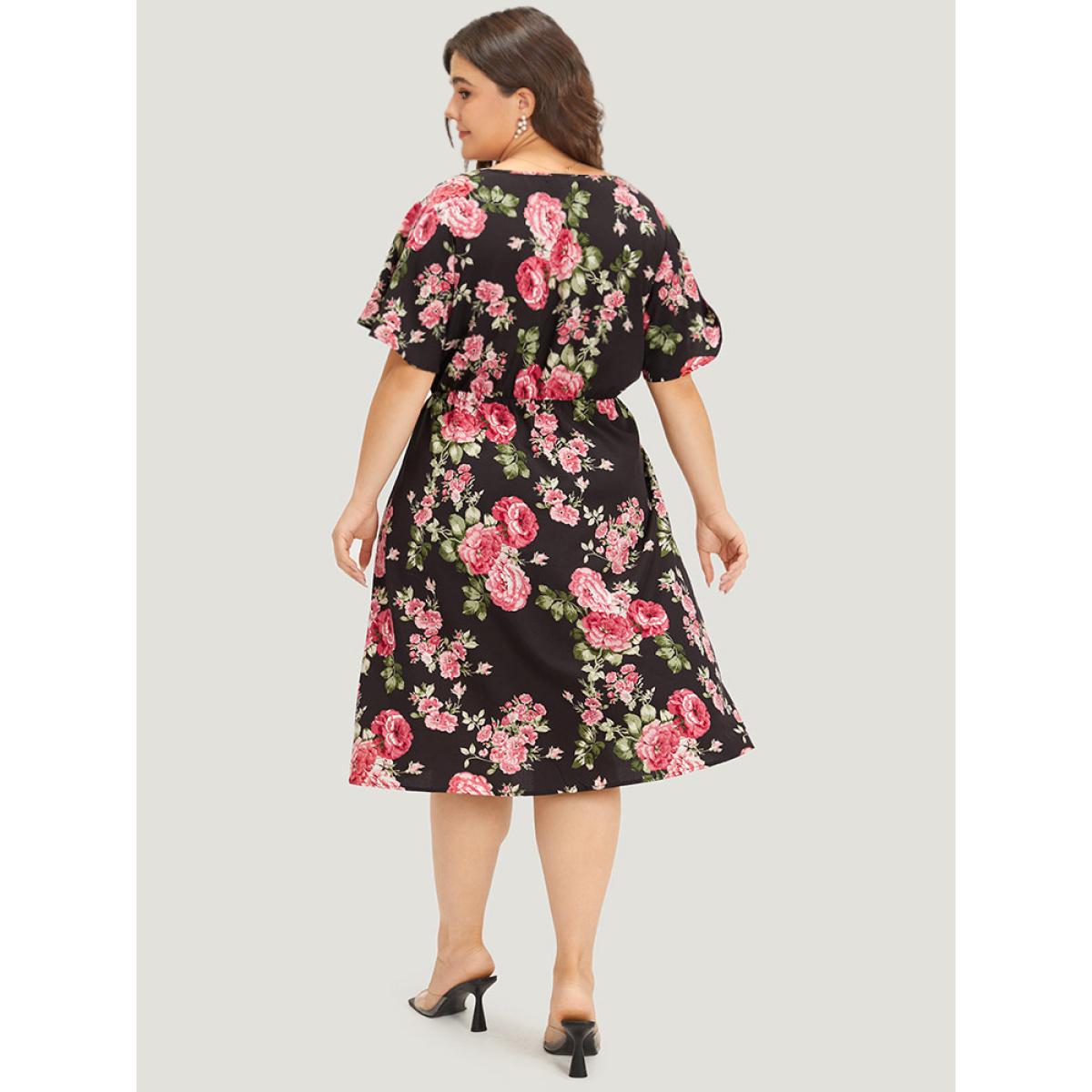 Plus Size Floral Print Ruffle Sleeve Pocket V Neck Wrap Dress BlackFlower Women Elegant Printed V-neck Short sleeve Curvy Midi Dress BloomChic 14-16/1X Product Image