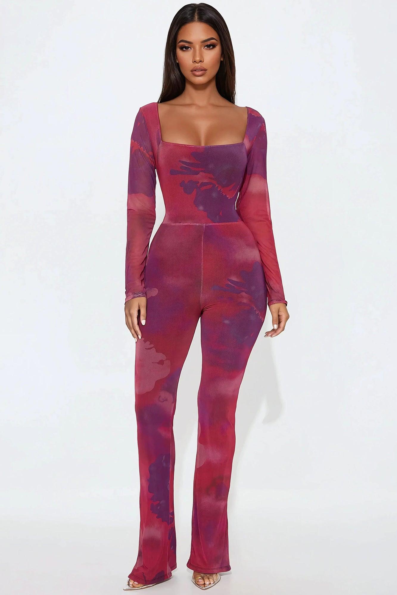Lost In The Trance Mesh Jumpsuit - Raspberry/Combo Product Image