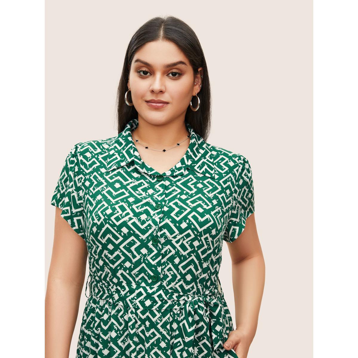 Plus Size Shirt Collar Geometric Button Up Belted Dress DarkGreen Women Work From Home Belted Shirt collar Cap Sleeve Curvy Midi Dress BloomChic 22-24/3X Product Image