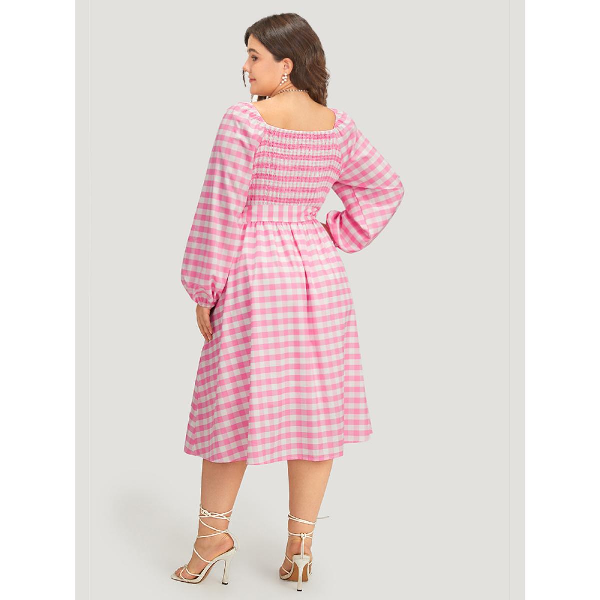 Plus Size Halloween Plaid Print Belted Square Neck Lantern Sleeve Dress Pink Women Elegant Elastic cuffs Square Neck Long Sleeve Curvy Midi Dress BloomChic 30/6X Product Image
