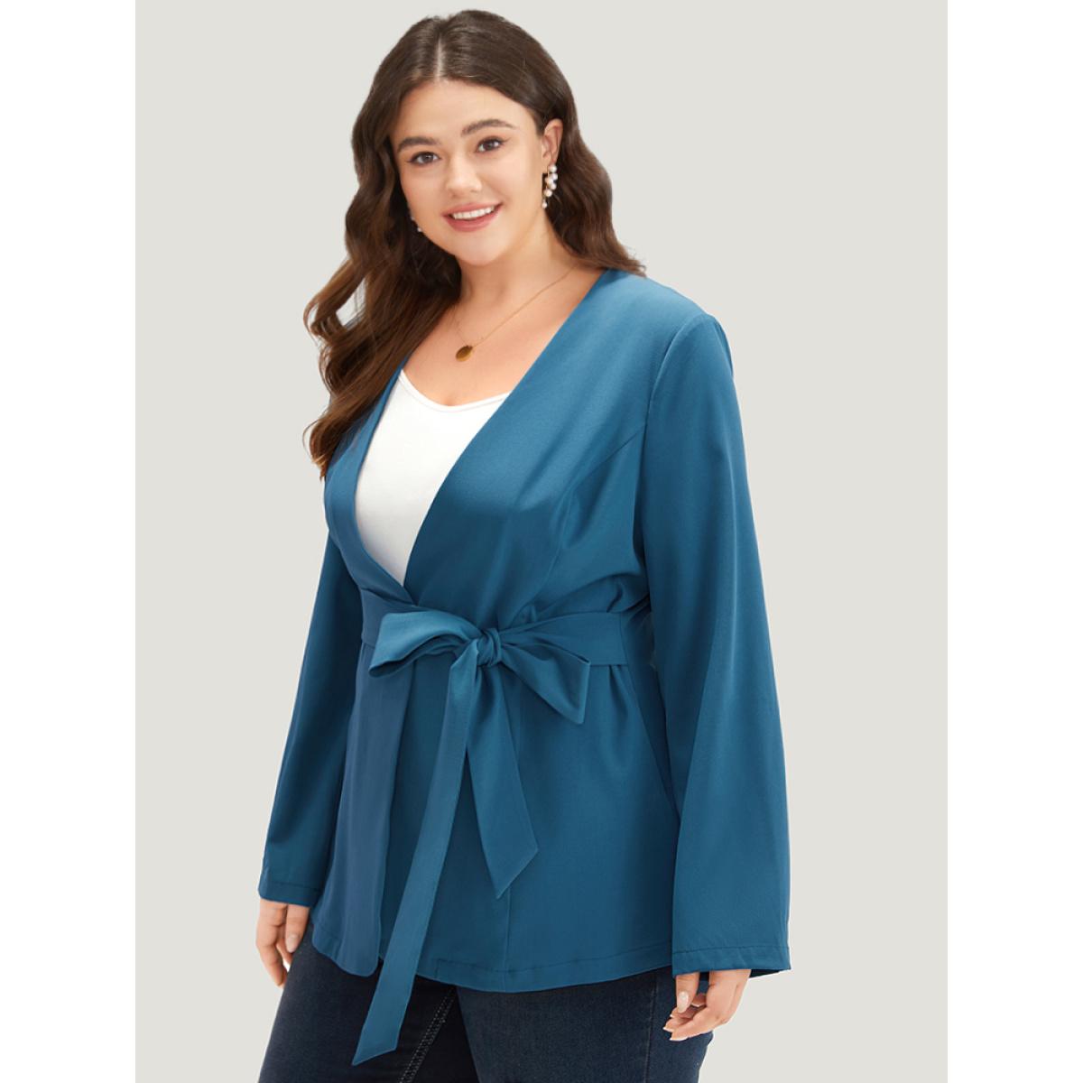 Plus Size Solid Belted Knot Blazer Cerulean Women Dailywear Plain Plain Sleeve Long Sleeve Open Front 22-24/3X Belt Casual Blazers BloomChic Product Image