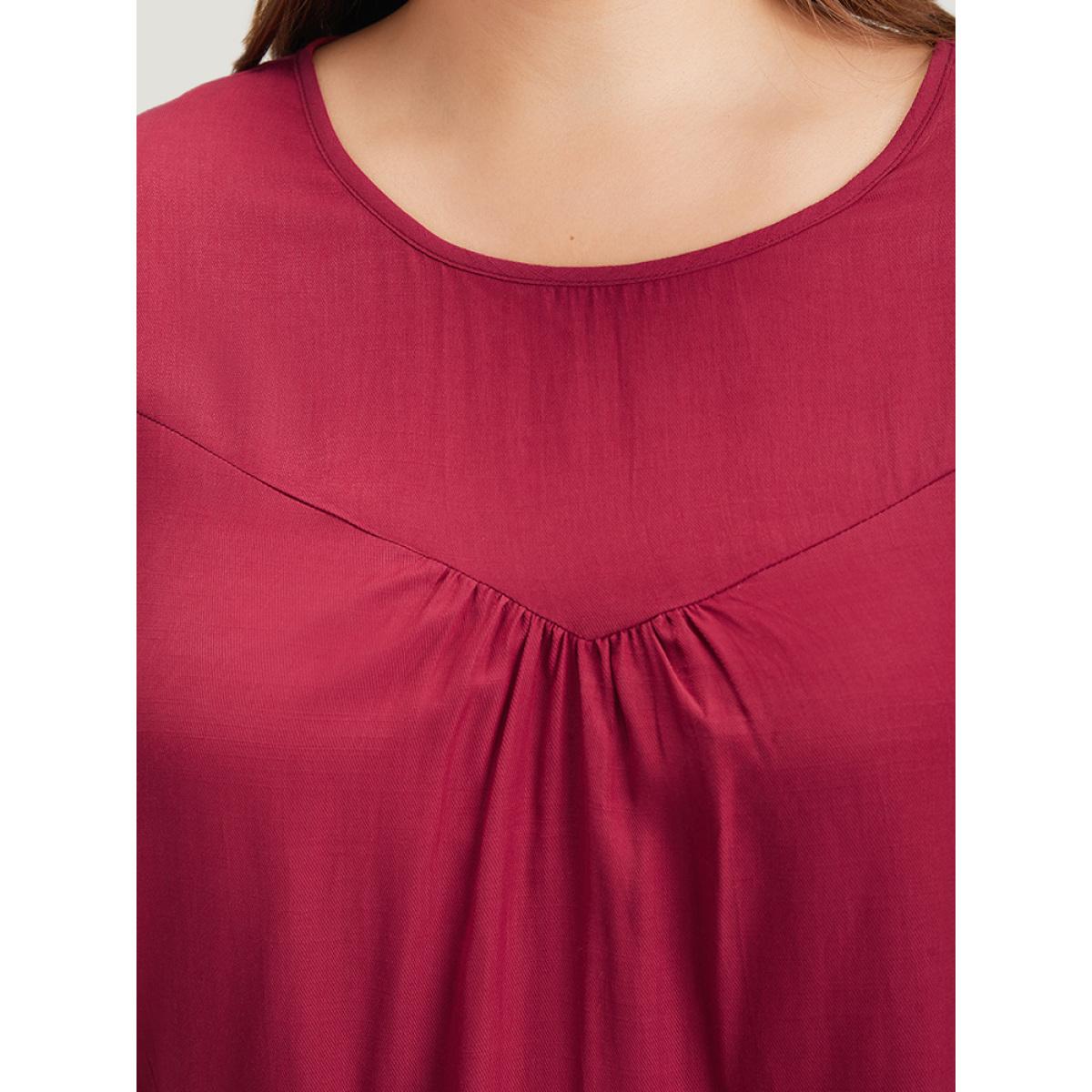 Plus Size RedViolet Plain Gathered Ruffle Trim Puff Sleeve Blouse Women Office Short sleeve Round Neck Work Blouses BloomChic 18-20/2X Product Image