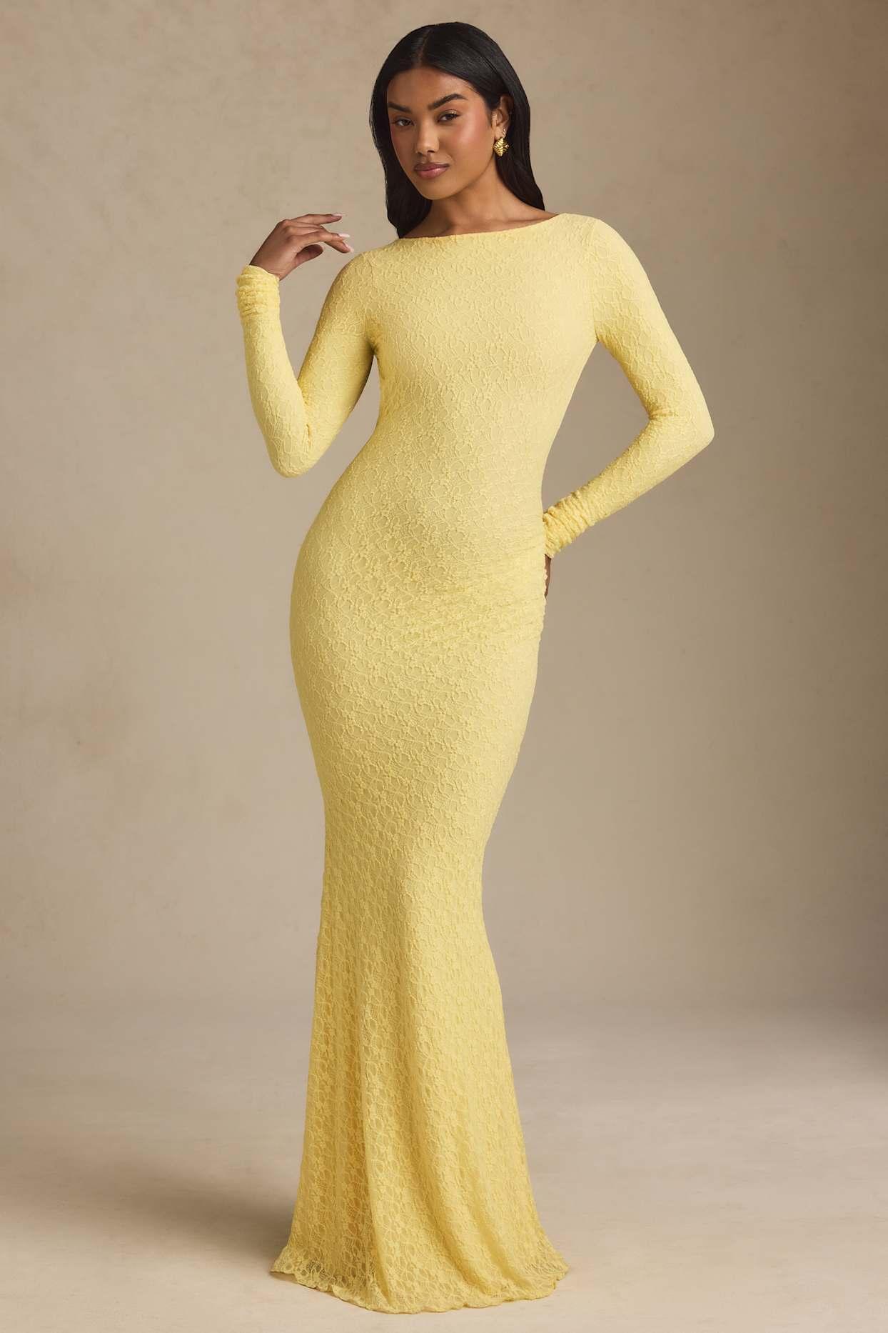 Ruched Backless Lace Maxi Dress in Pastel Yellow Product Image