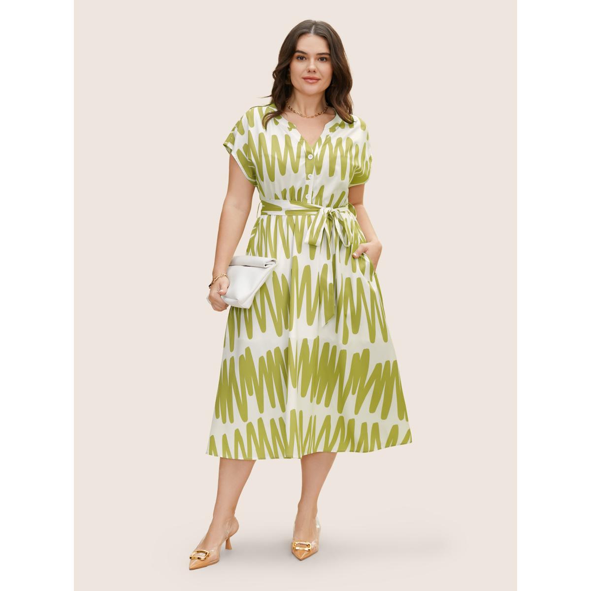Plus Size Notched Striped Elastic Waist Split Hem Midi Dress Moss Women At the Office Belted Shirt collar Cap Sleeve Curvy BloomChic 12/L Product Image