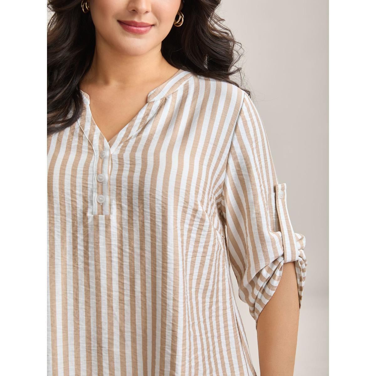 Plus Size Apricot Stripe Print Tab Sleeve Notched Collar Blouse Women Elbow-length sleeve Notched collar Work Blouses BloomChic 28/5X Product Image