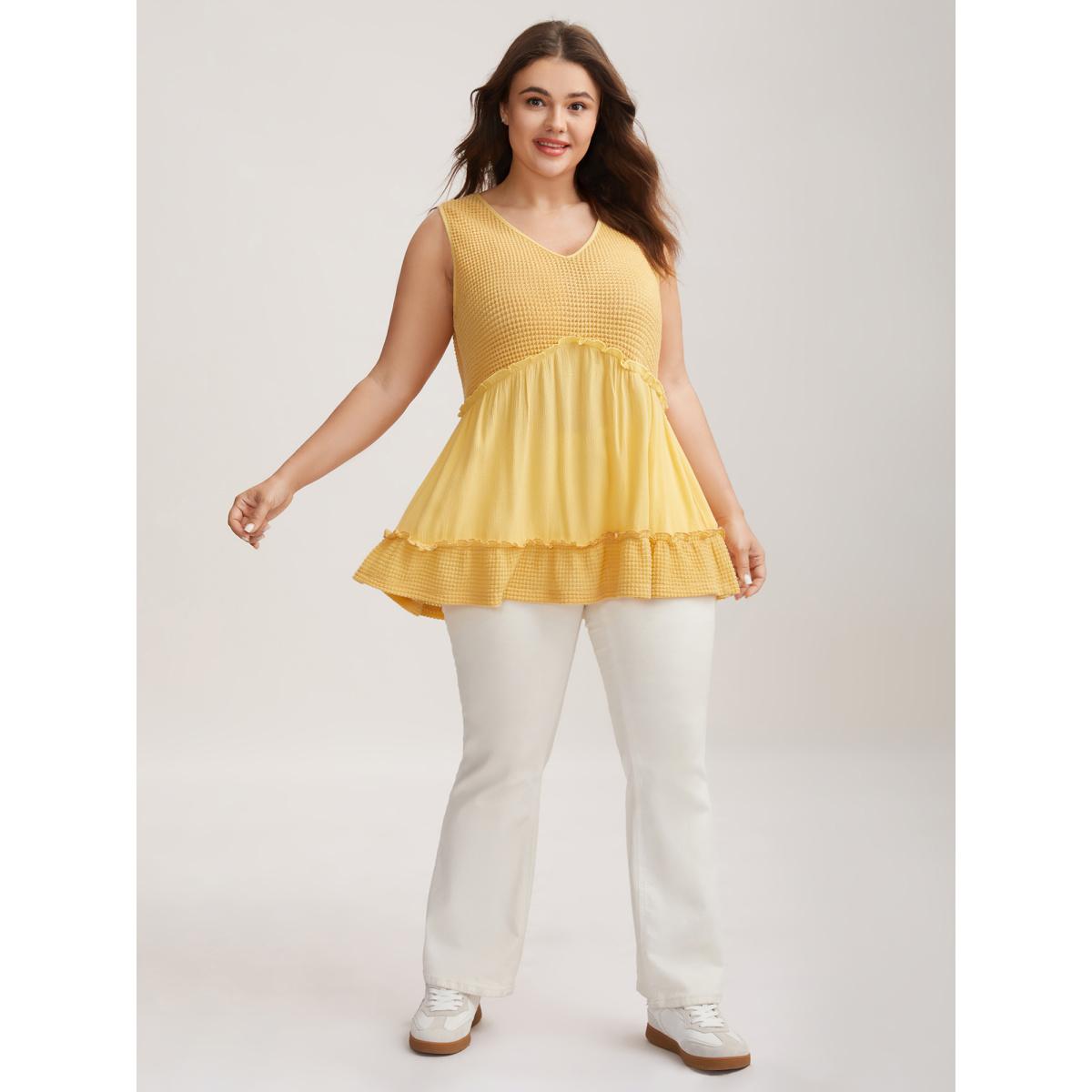 Plus Size Waffle Grid Spliced Ruffled Tank Top Women Lightyellow Texture V-neck Everyday-Casual Tank Tops Camis BloomChic 14-16/1X Product Image