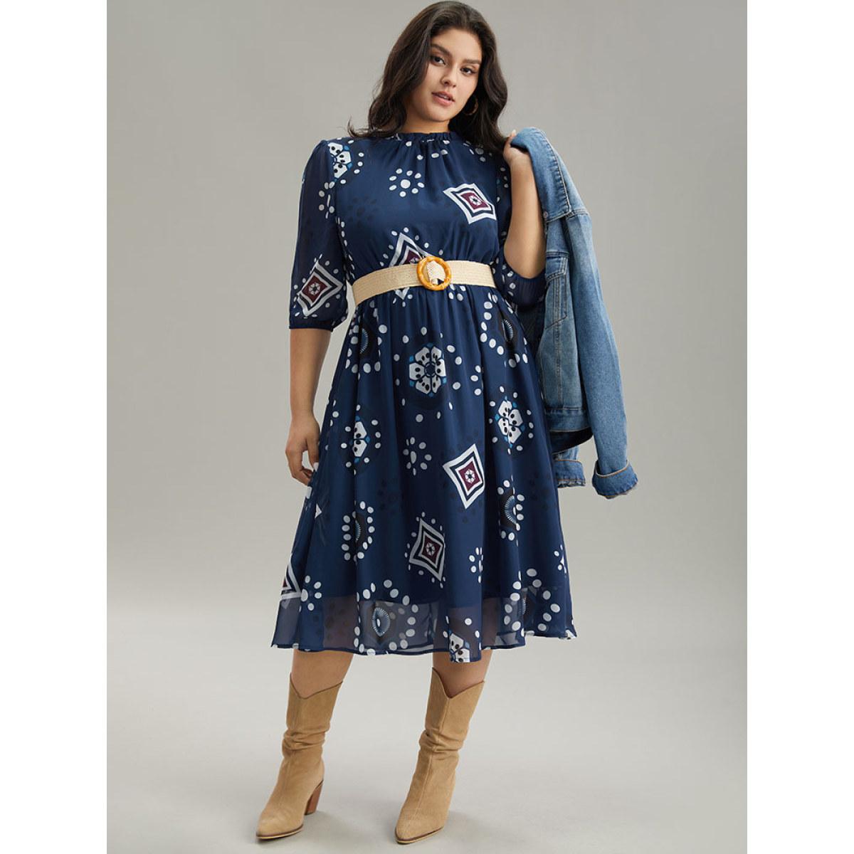 Plus Size Geometric Mesh Stand Collar Frill Trim Dress DarkBlue Women Vacation Elastic cuffs Stand-up collar Elbow-length sleeve Curvy Midi Dress BloomChic 26/4X Product Image