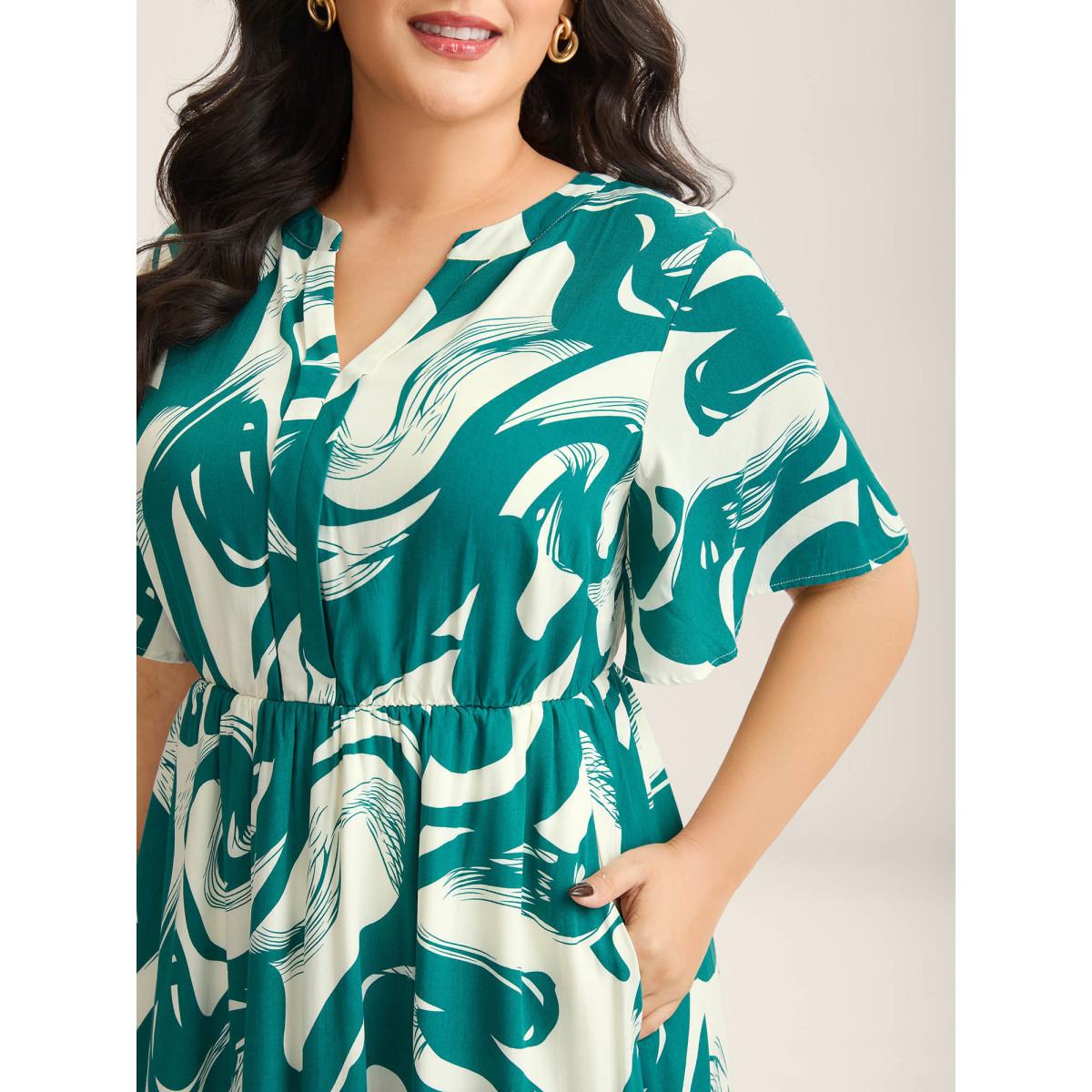 Plus Size Rayon Geometric Print Midi Dress Teal Women Flat collar with V-notch Short sleeve Curvy BloomChic 14-16/1X Product Image