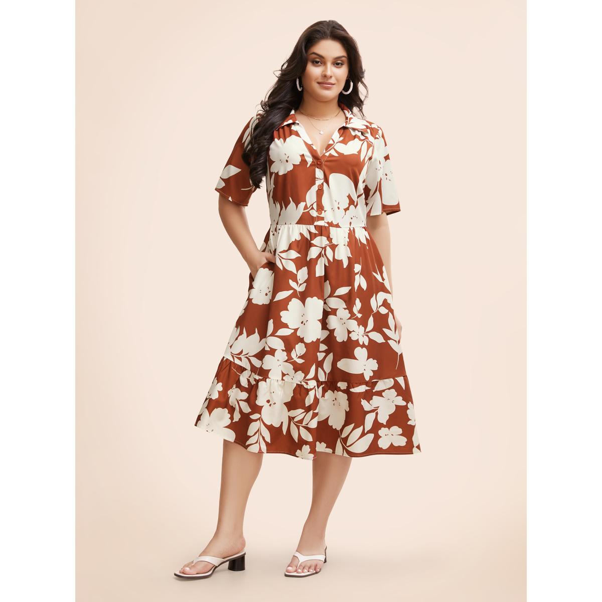 Plus Size Silhouette Floral Print Button Detail Midi Dress Russet Women Elegant Button Shirt collar Short sleeve Curvy BloomChic 26/4X Product Image