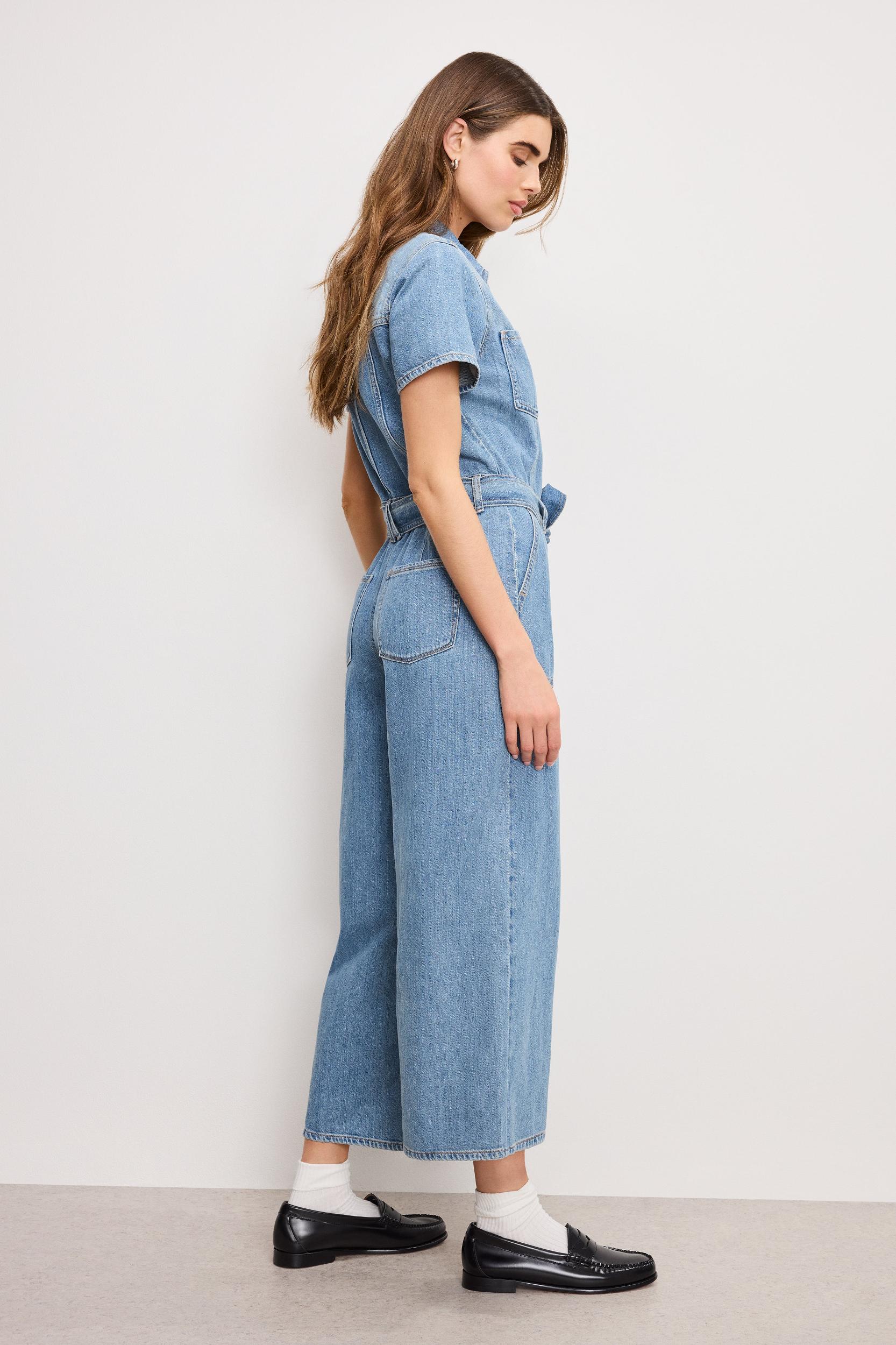 FIT FOR SUCCESS LITE LINEN DENIM CROPPED JUMPSUIT | INDIGO786 Product Image