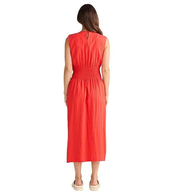 Brave + True Linen Blend Sleeveless Tie Front Smocked Back Midi Dress Product Image