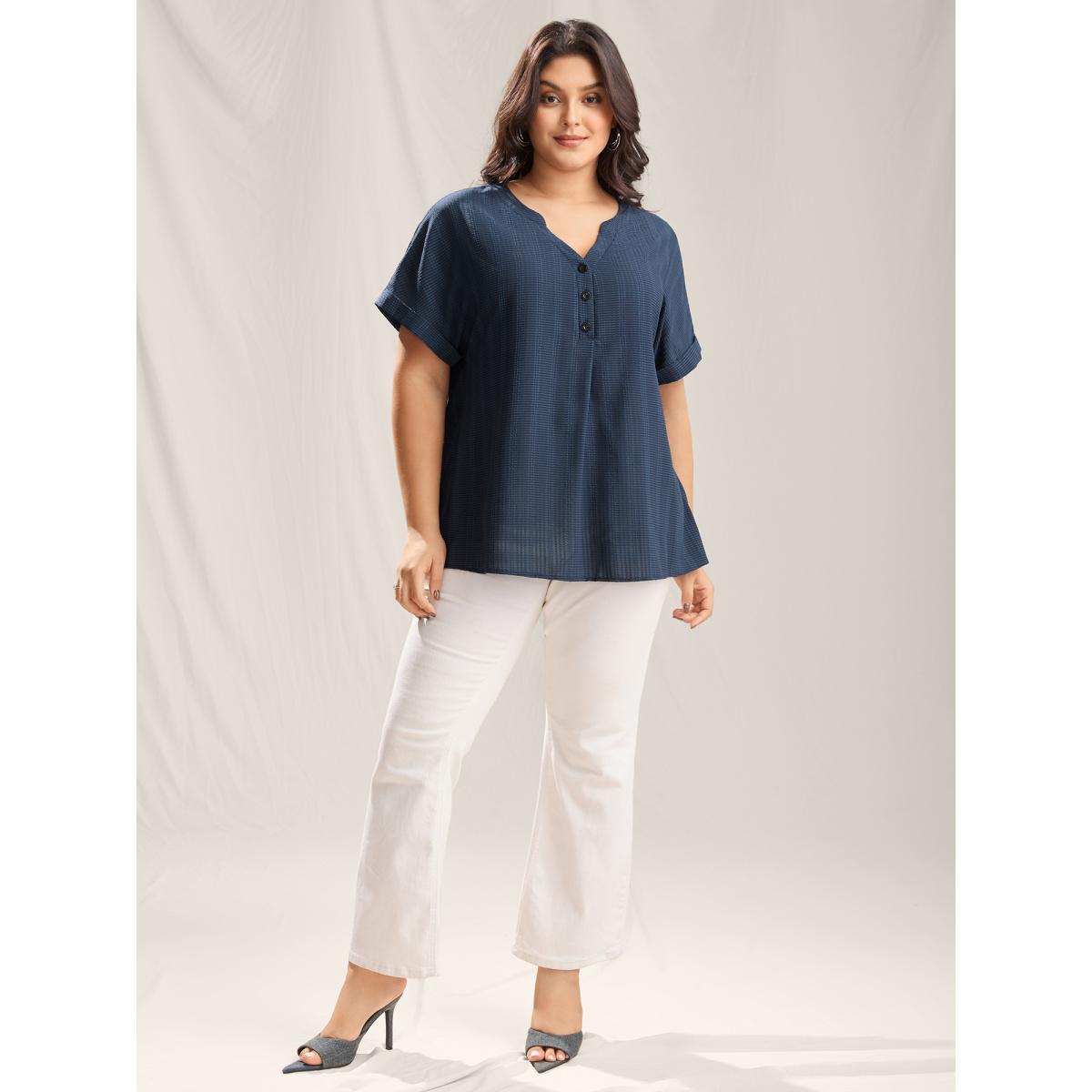 Plus Size Indigo Textured Half Placket Split Neck Shirt Women Short sleeve Flat collar with V-notch Work Blouses BloomChic 28/5X Product Image