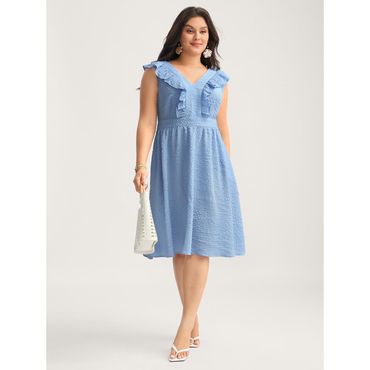 Plus Size Ruffled Neck Textured Sleeveless Midi Dress LightBlue Women V-neck Cap Sleeve Curvy BloomChic 14-16/1X Product Image