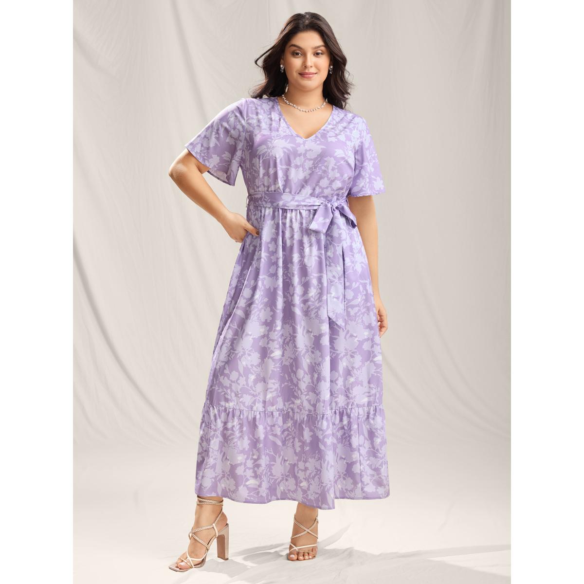 Plus Size Silhouette Floral Pockets Belted Maxi Dress Lavender Women V-neck Short sleeve Curvy BloomChic 26/4X Product Image