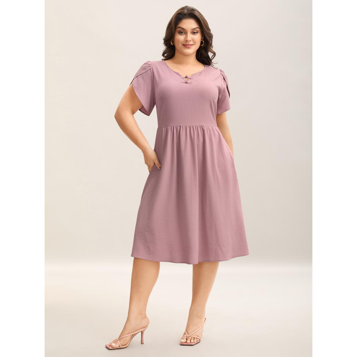 Plus Size Textured Split Neck Button Plain Midi Dress Heather Women Notched collar Short sleeve Curvy BloomChic 26/4X Product Image