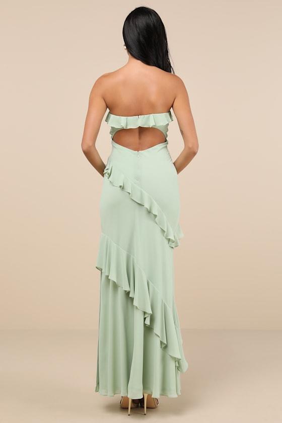 Dramatic Allure Sage Green Ruffled Cutout Strapless Maxi Dress Product Image