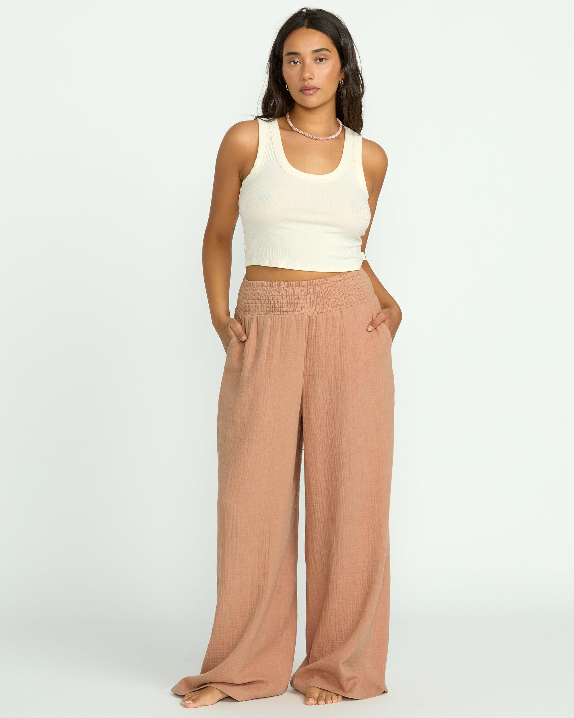 New Waves Gauze Elastic Waist Pants - Rose Brown Female Product Image