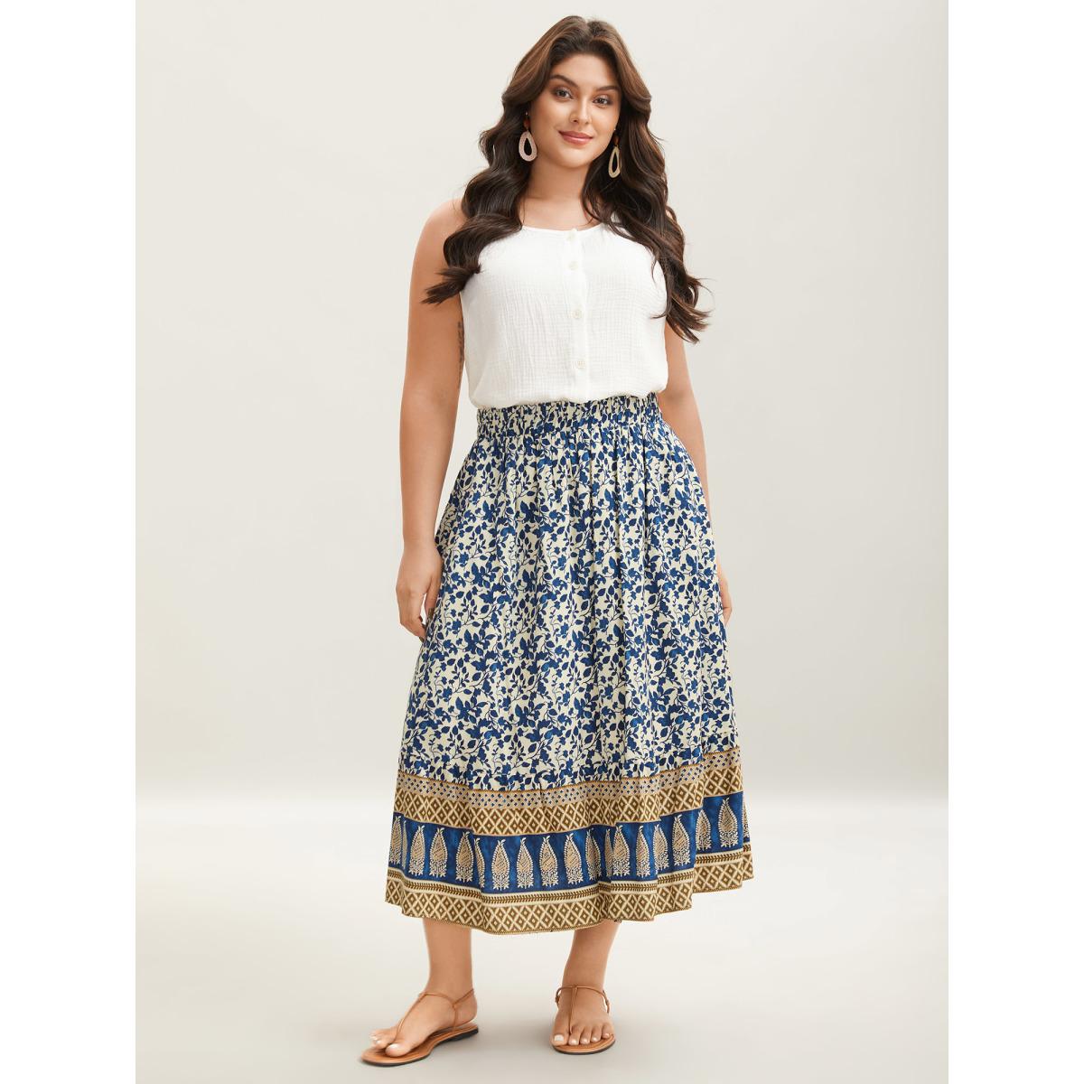 Plus Size Boho Floral Print Shirred Waist Midi Skirt Women Indigo Elegant Shirred Bodycon Low stretch Slanted pocket Everyday Skirts BloomChic 22-24/3X Product Image