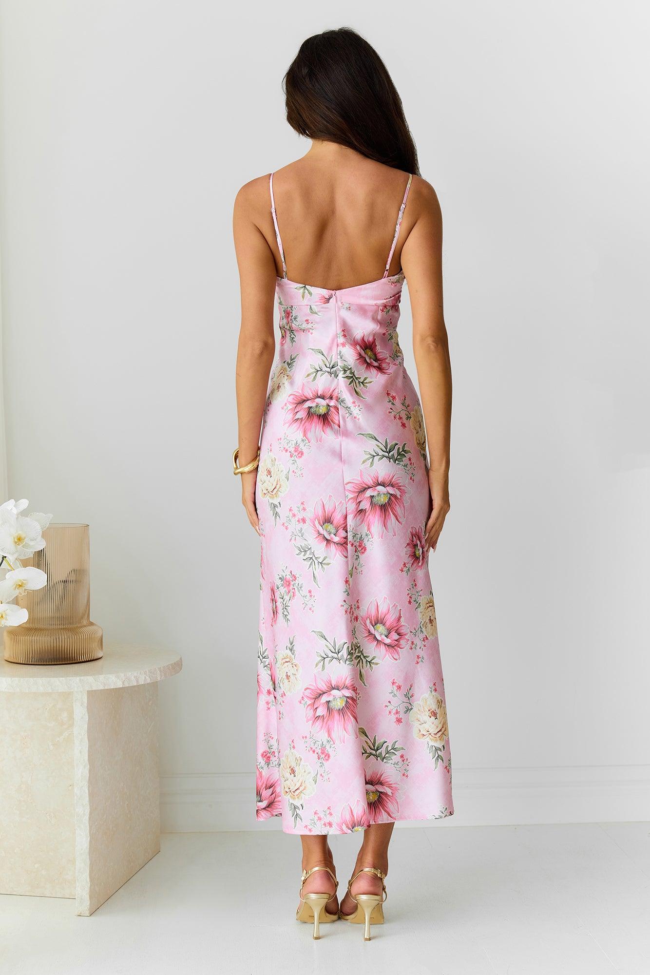 Sun Drenched Shores Satin Midi Dress Pink Product Image