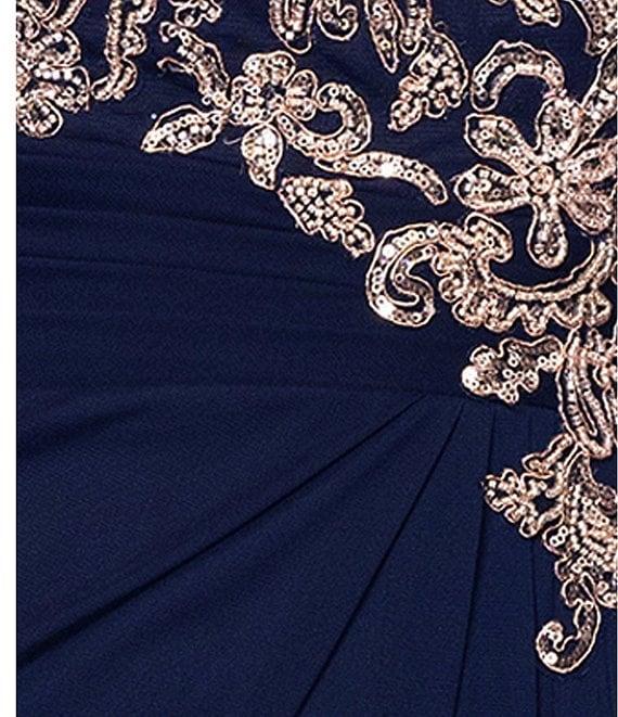 Betsy & Adam Petite Size Boat Neck Cap Sleeve Drape Back Chiffon Applique Sheath Gown Product Image